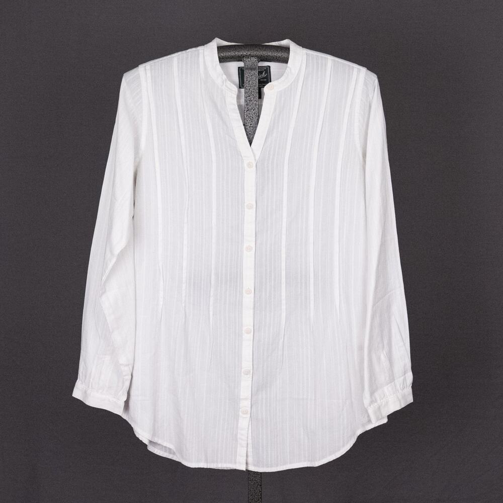 Woolrich Women's Kenyon Dobby Tunic Top LARGE White Pintuck Pleats Banded Collar